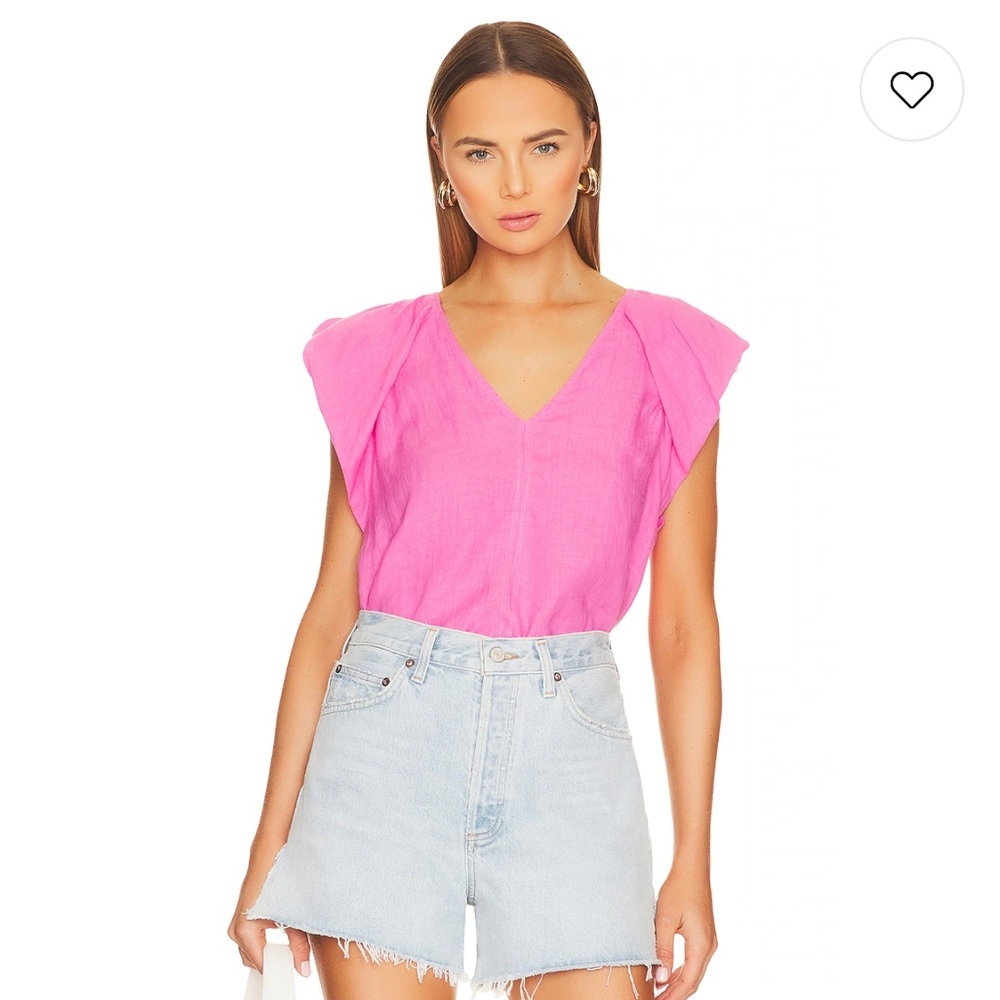 Velvet by Graham & Spencer Ava Pink Linen V-Neck Flutter Sleeve Top Size S
